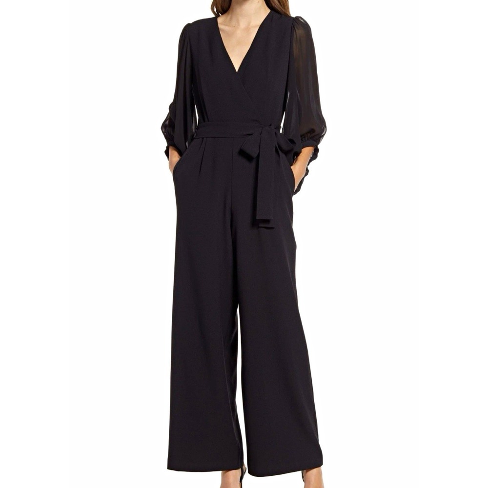 Donna Ricco Women's Black V-Neck Semi Sheer Sleeve Wide-Leg Tie Waist Jumpsuit 8